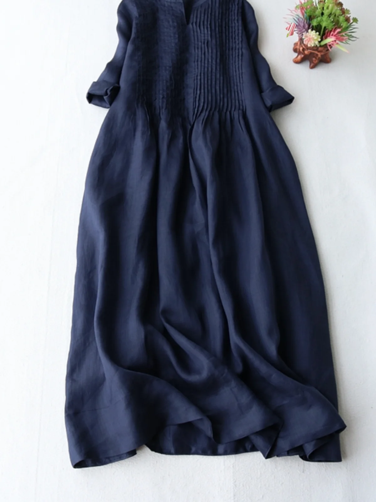 Ele Color puro largo Dr mujer Lino suelto Floa Svel Stand Collar A-Line vestido Simple Sle primavera otoño ropa