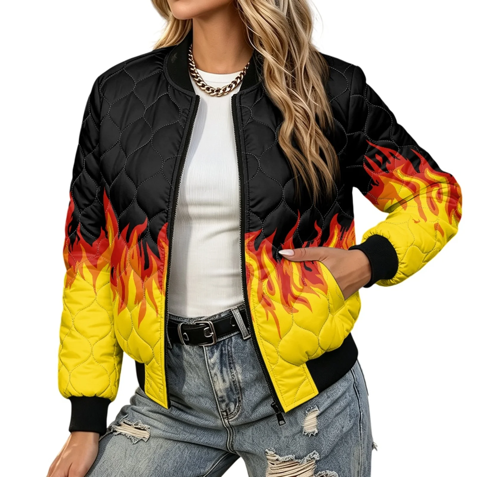 PENSTROLL Water Flame Womens Oversized Long Sleeve Coat with Pockets Outerwear Water-Resistant Quilted Barn Jackets for Party