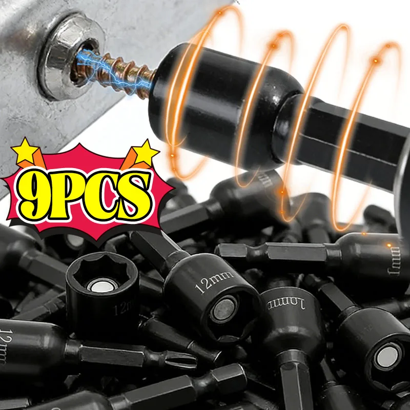 

9PCS/set Hexagon Nut Driver Drill Bit Steel Powerful Socket Screwdriver Wrench Set Adapter Electric Impact Bolt Handle Tools