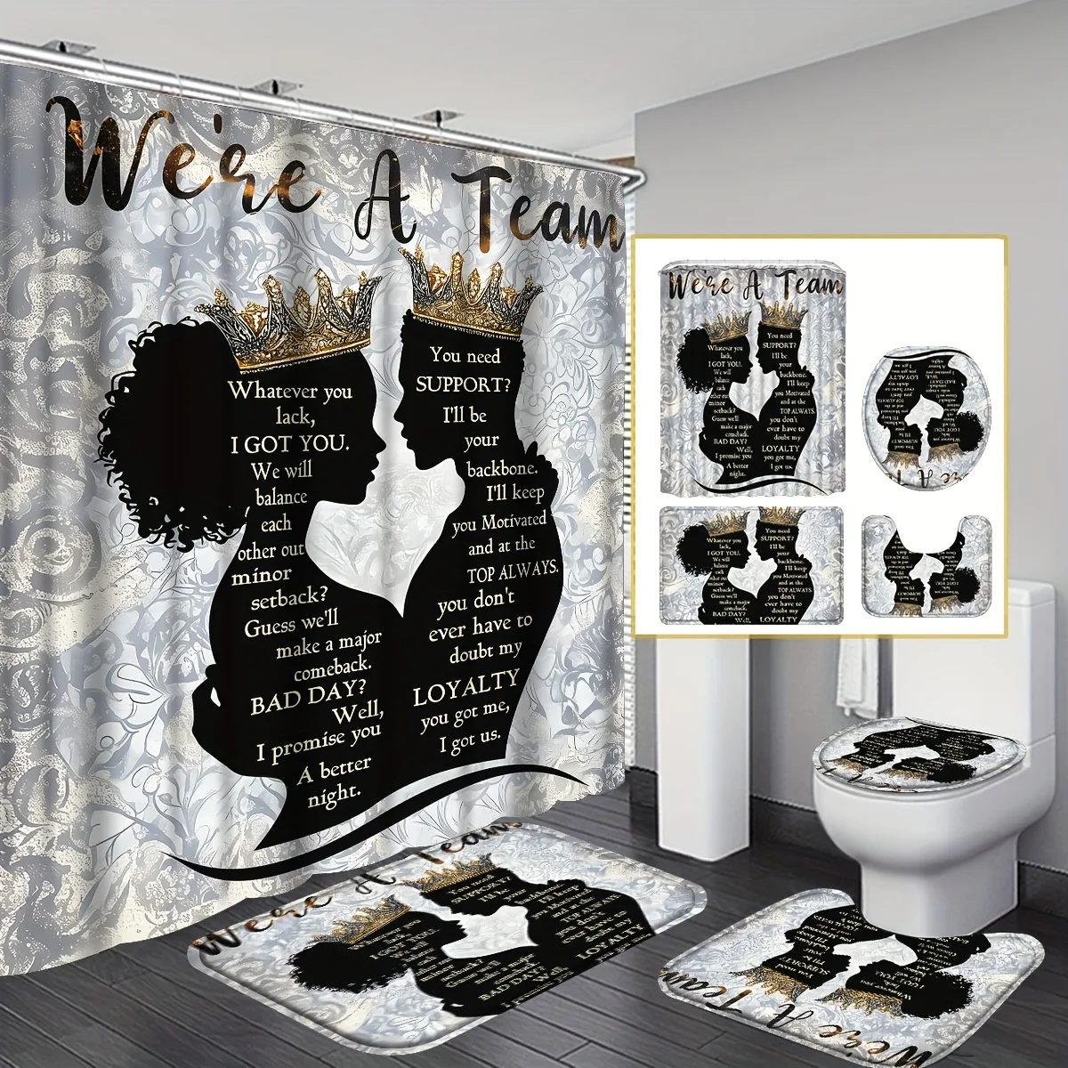 

4/1-компонентный африканский душевой набор ко Дню святого Валентина: занавеска короля/королева, ковер, аксессуары. «Мы команда». Декор.