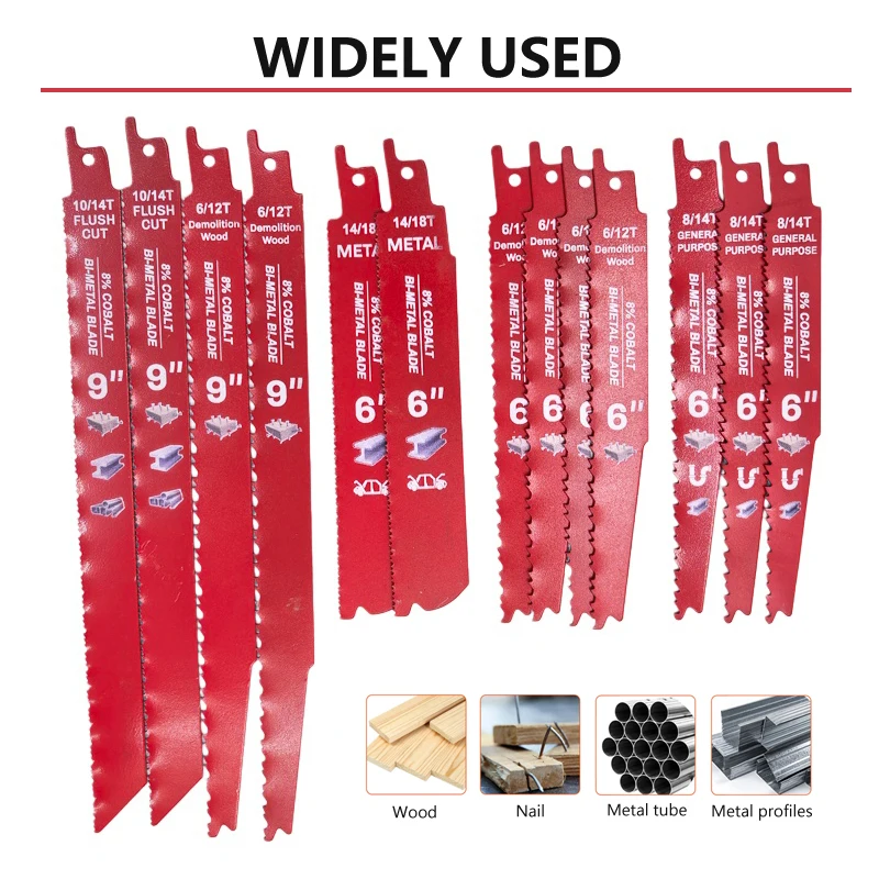 14pcs Reciprocating Saw Blades Set 8% Cobalt Bi-metal Material for Wood Heavy Duty Metal PVC Tube Sheet Cutting Pruning