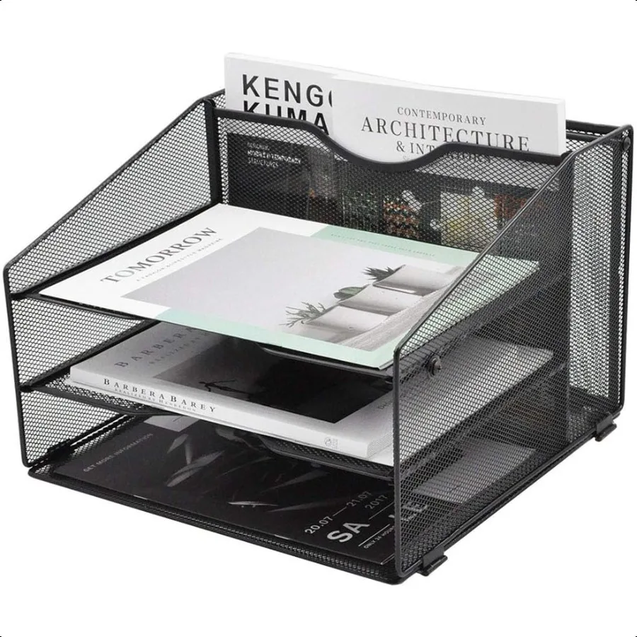 

EASEPRES Mesh Desktop File Organizer Document Mail Desk Folder Holder with 3 Paper Letter Tray and 1 Vertical Upright Compartme