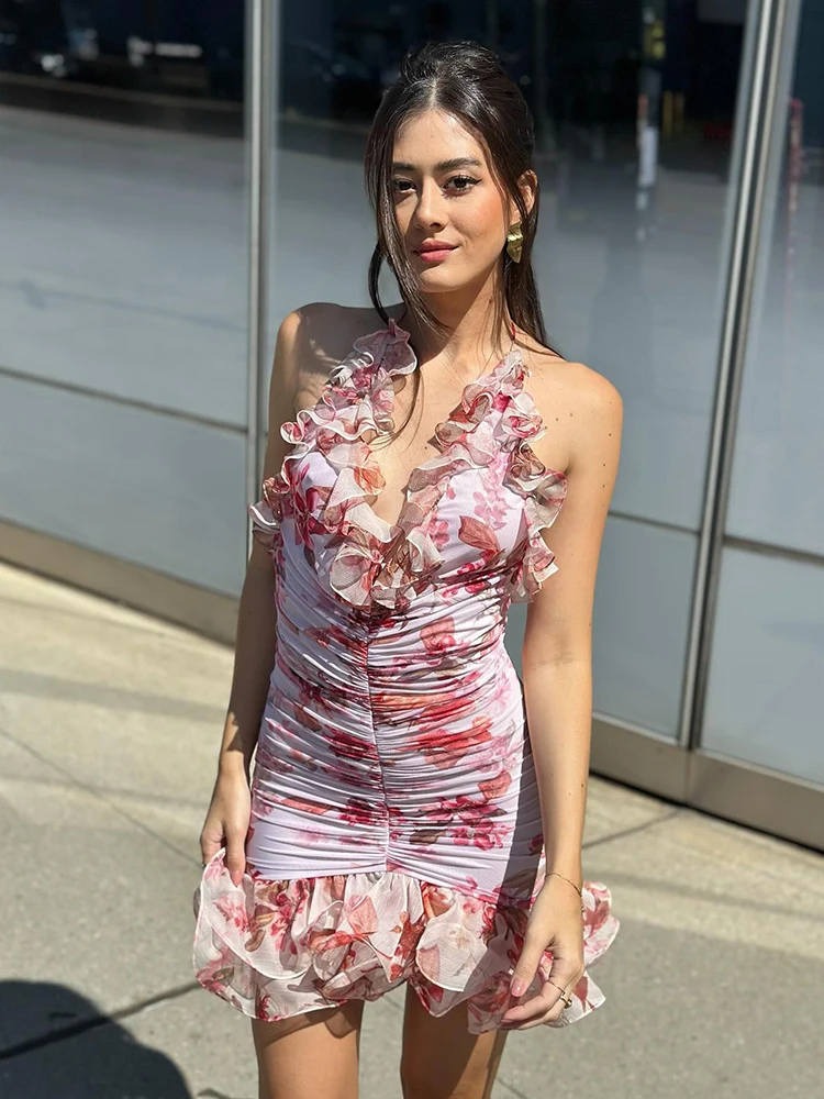 VC 로맨틱 새틴 민소매 선드레스 미니 드레스, 로즈 숄더 장식, 섹시한 오픈 백 디자인, 홀터넥 숏 드레스