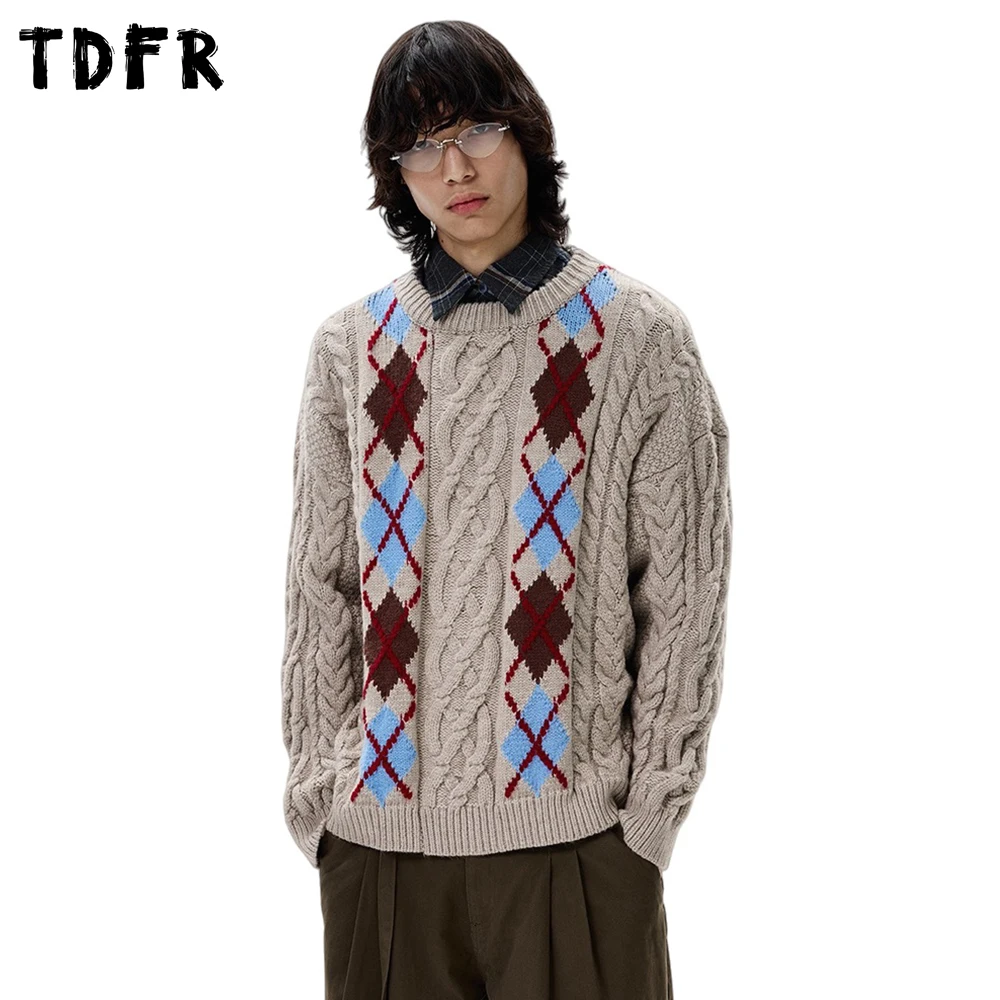 

Rhombus Plaid Jacquard Sweater Mens Autumn Winter Casual Retro Loose Long Sleeve Crew Neck Knitted Pullover Man