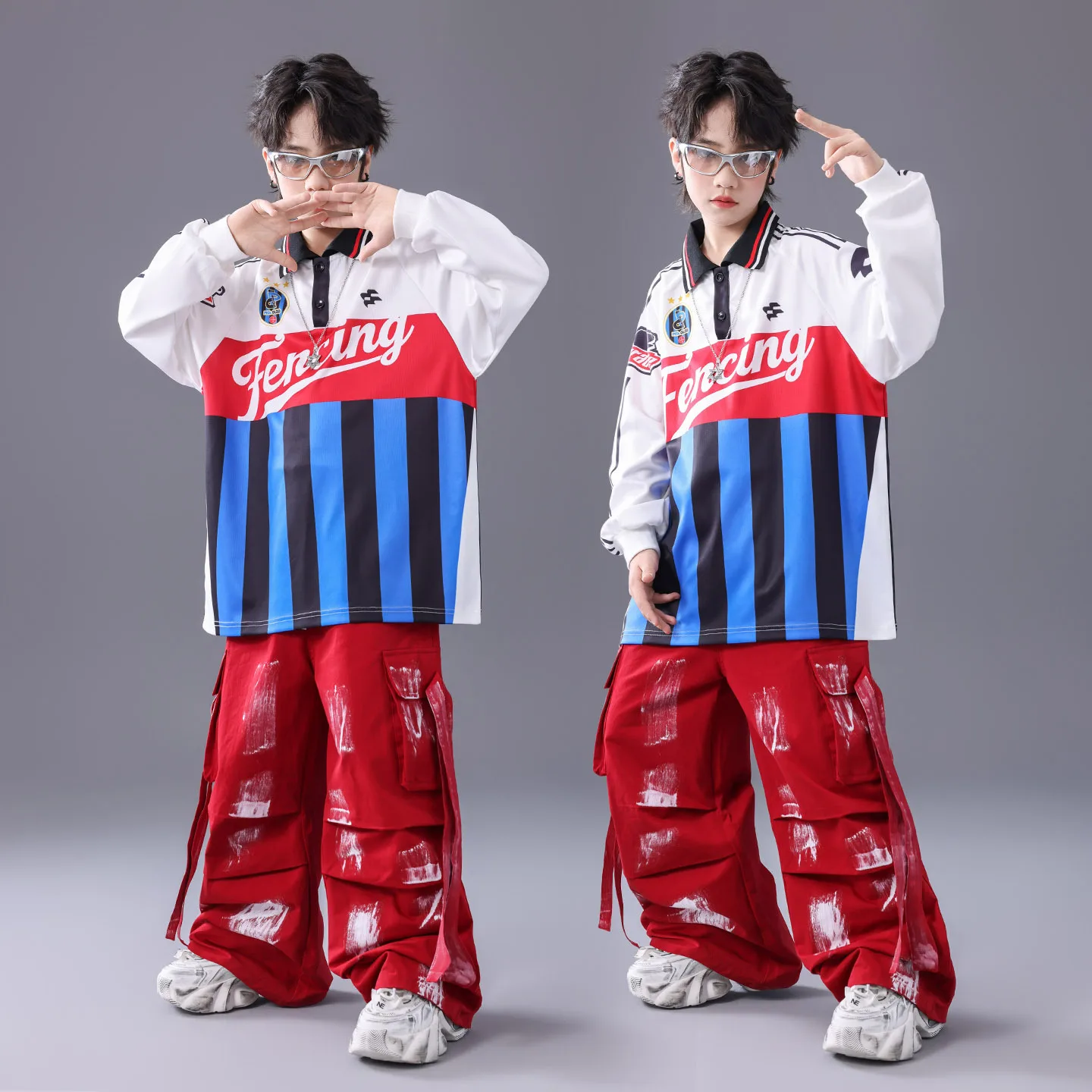 Hip Hop Boys Contrast Polo Shirt Red Pants Girls K-pop Jazz Joggers Children Streetwear Costume Kids Street Dance Clothes Set