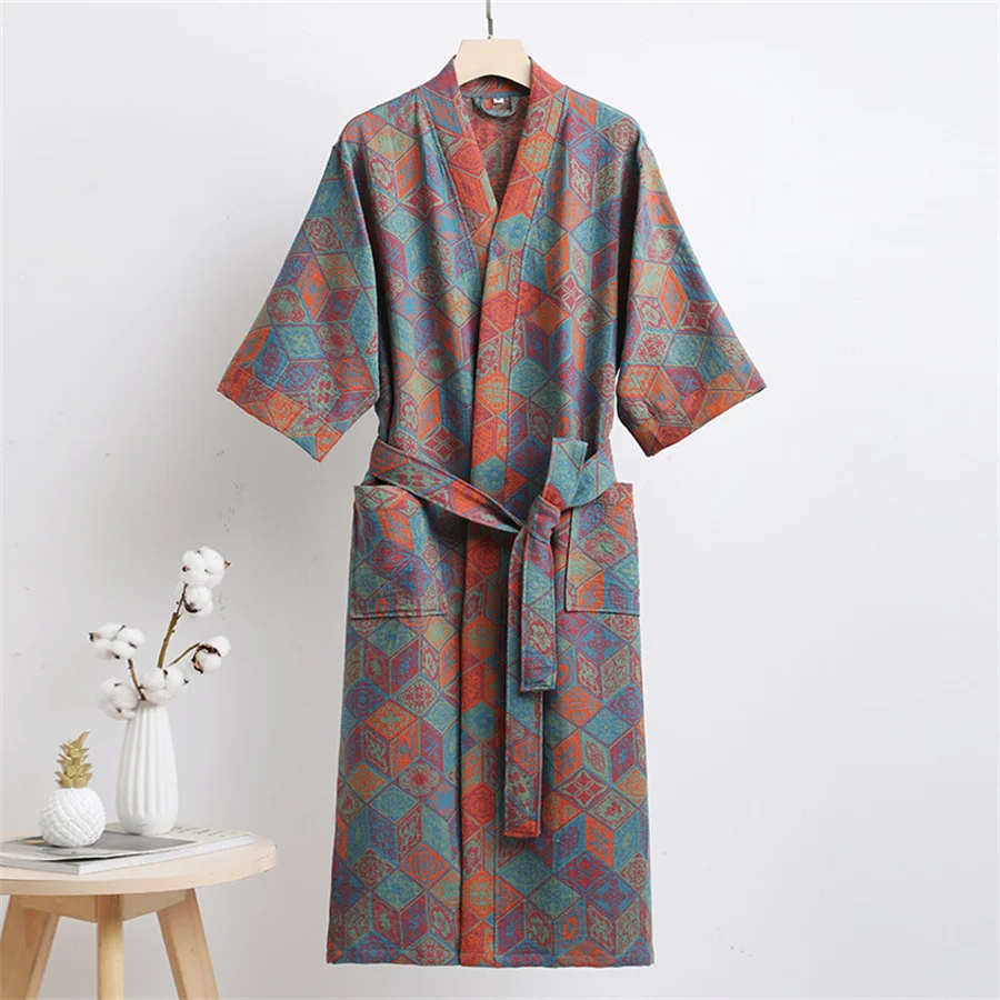 2024 Summer Couple Dressing Gown Vintage Loungewear Double Layer Gauze Bathrobe Men Shower Robe Women V-neck Kimono Sleepwear