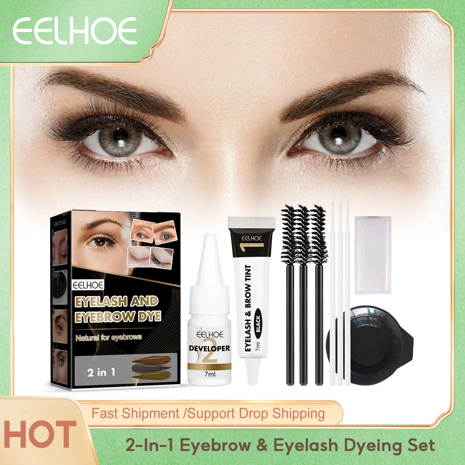 Eelhoe 2-in-1 Set di tintura per ciglia per sopracciglia Lastin Nutriente Cura degli occhi Trucco Durata Sollevamento Ciglia impermeabili Kit di tintura più spesse