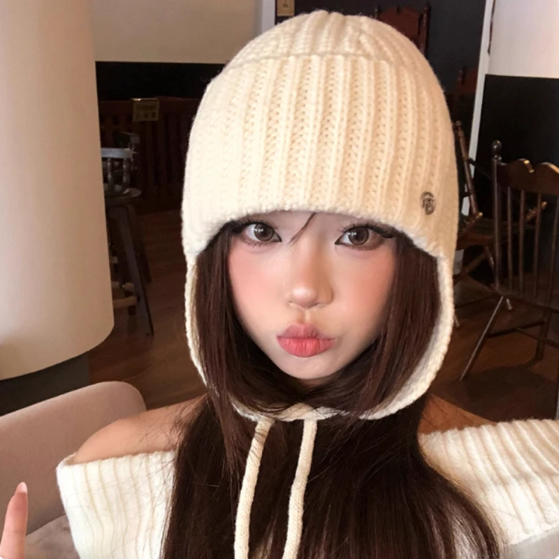 

Зимняя однотонная шерстяная однотонная вязаная летающая шапка для мужчин и женщин, теплая шапка-бомбер на шнуровке для езды на велосипеде на открытом воздухе