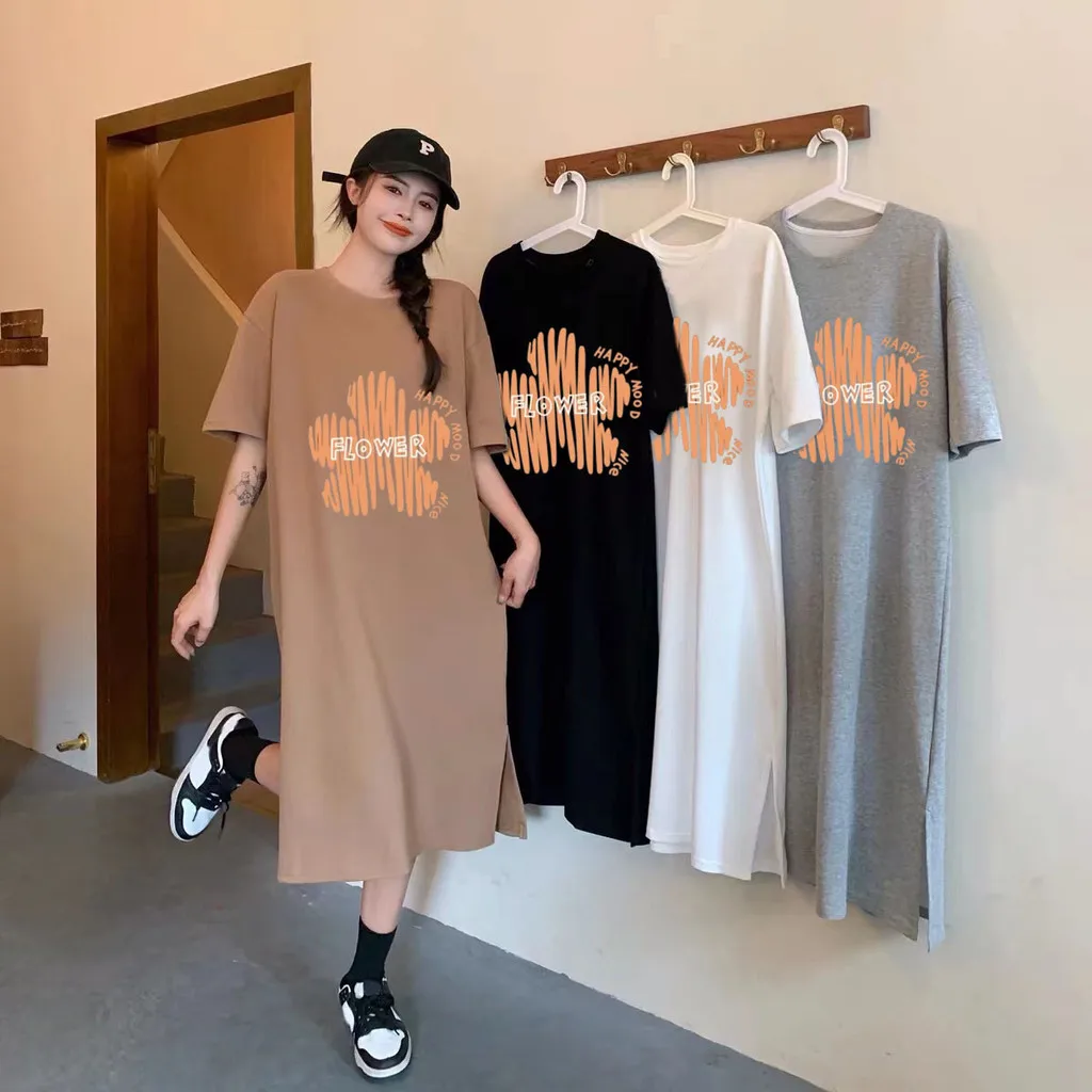 

2025 Новое корейское милое стильное свободное платье больших размеров с короткими рукавами и круглым вырезом, платье для беременных женщин