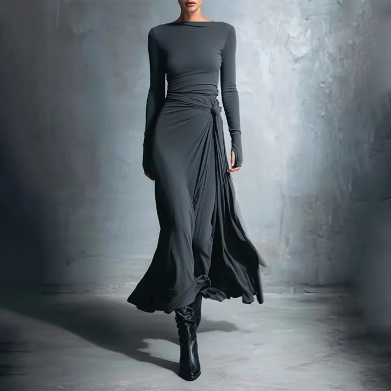 

Ruched Elegant Maxi Dress Women Girls Daily Casual Fashion Skinny Full Sleeve Solid Gown Midnight Prom Party Long Bodycon 2025