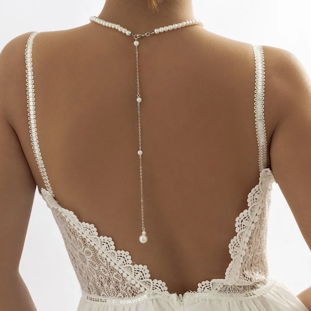 Elegant Imitation Pearl Back Chain Necklaces Long Tassel Pendant Silver Color Body Chain Jewelry Bikini Back Chain Beach