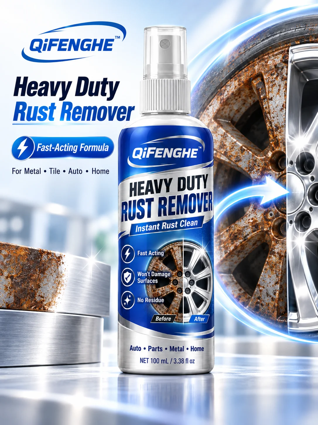 Fast Acting Rust Remover for Metal Car Wheels Tiles and Home Surfaces Deep Cleaning Residue Free
