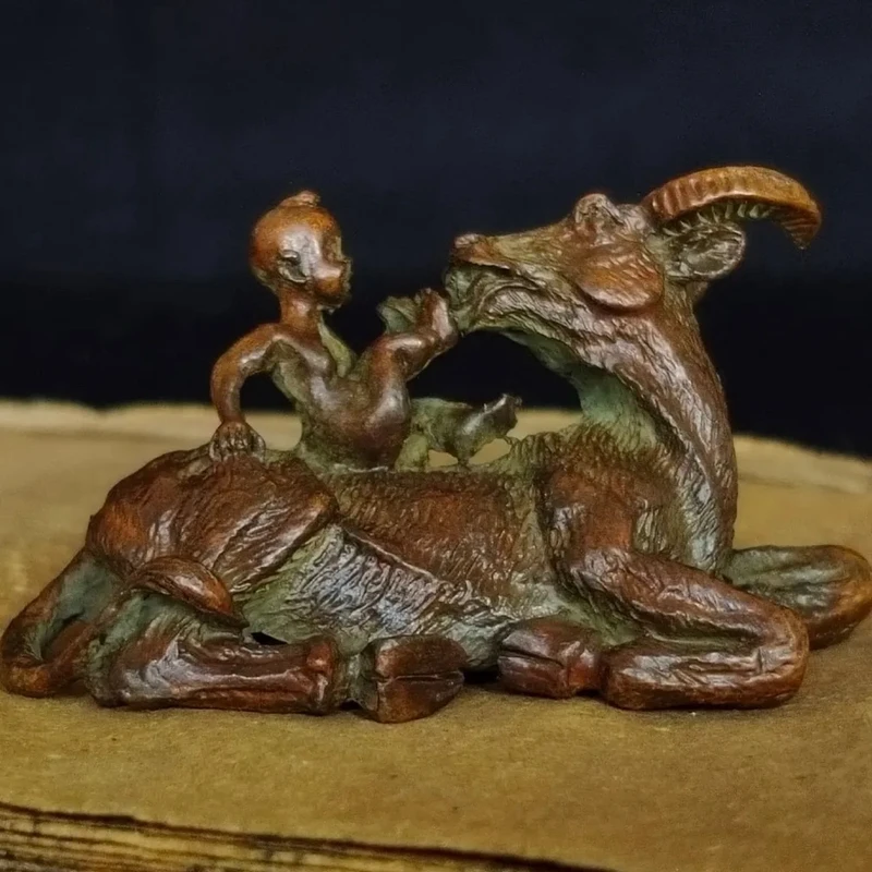 Copper Little Children Riding Bull Figurine Tortoise Statue Home Desktop Ornament Office Decor Fish Tank Accessory Landscape Art
