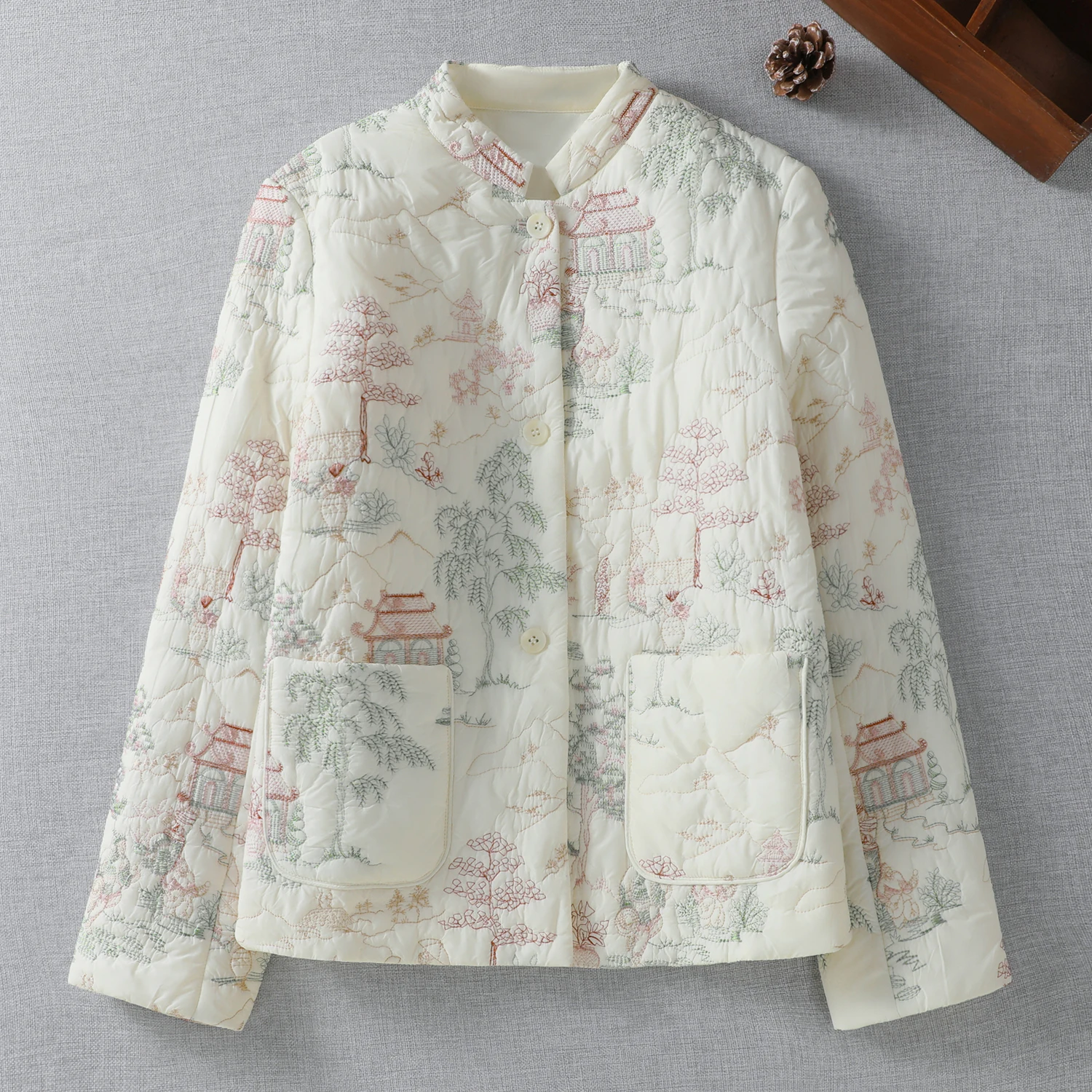 

New Chinese Sle LightweightEmbroidered Cotton Coat Women's Outerwear Jaet Autumn Winter Faion Retro Loose Fit Long Sve