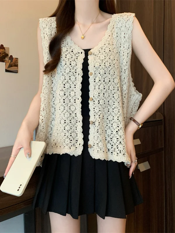 Ele Hollow out Knitted Vest Women's Summer Design Loose V-Ne Svel Tank Top Thin Commute Sle Single Button