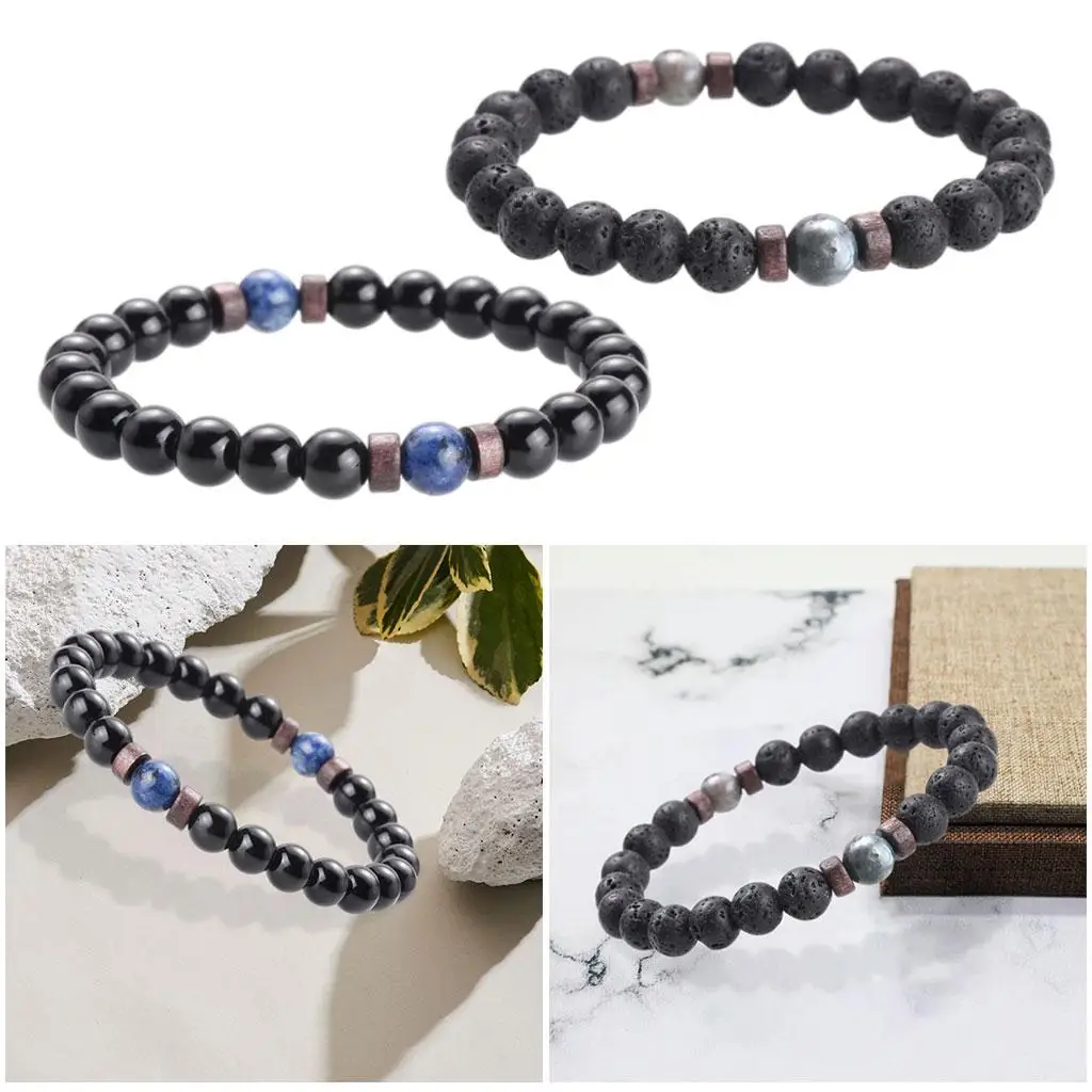 Pulseira natural de contas Moonstone para homens, pedra de lava, conexão ajustável, azul, pacote 3-4