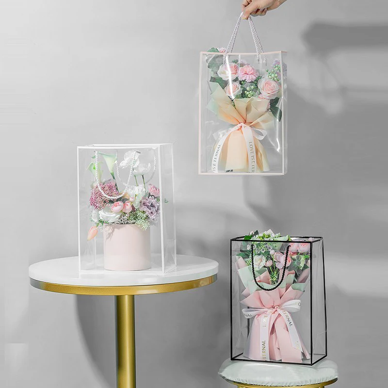 Transparent Plastic Gift Bag Flowers Bouquet Wrapping Supplies Wedding Festival Party Flower Handbag DIY Gifts Packaging Bags