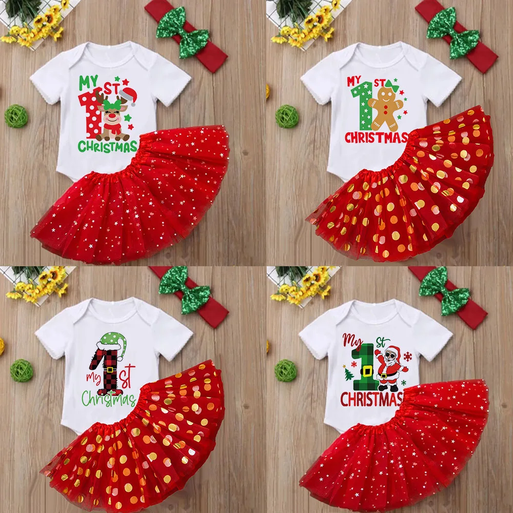 My 1st Christmas Baby Bodysuit Tutu Skirts Set Christmas Cake Dress Outfit Girl Short Sleeve Jumpsuit Toddler Xmas Party Clothes