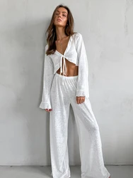 HiLoc Fashion Knitted Thin Long Pants Pajamas Women 2 Pieces Casual V-Neck Lace-Up Crop Tops Autumn White Loose Pants Sleepwears