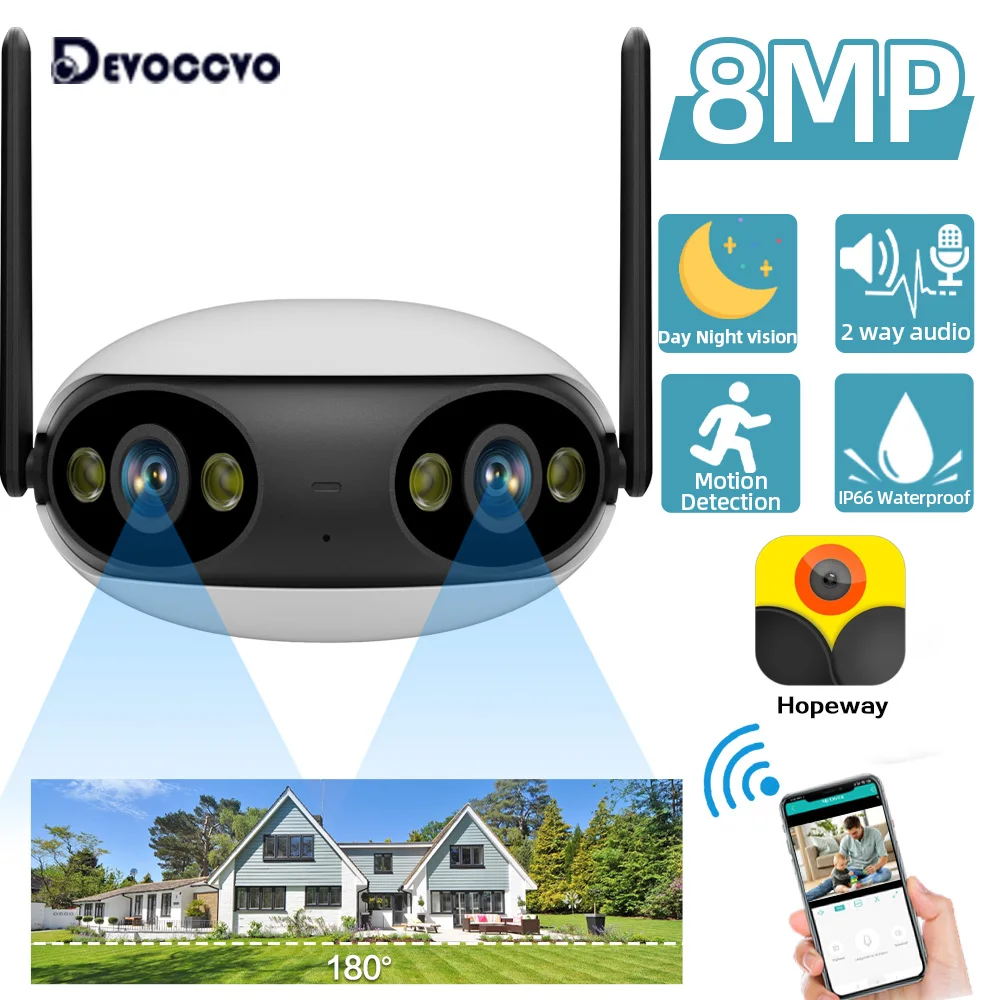 

8 МП 4K Двухобъективная камера с широким углом обзора 180° ° Уличная Wi-Fi IP-камера с обнаружением движения, сверхшироким углом обзора и цветным ночным видением