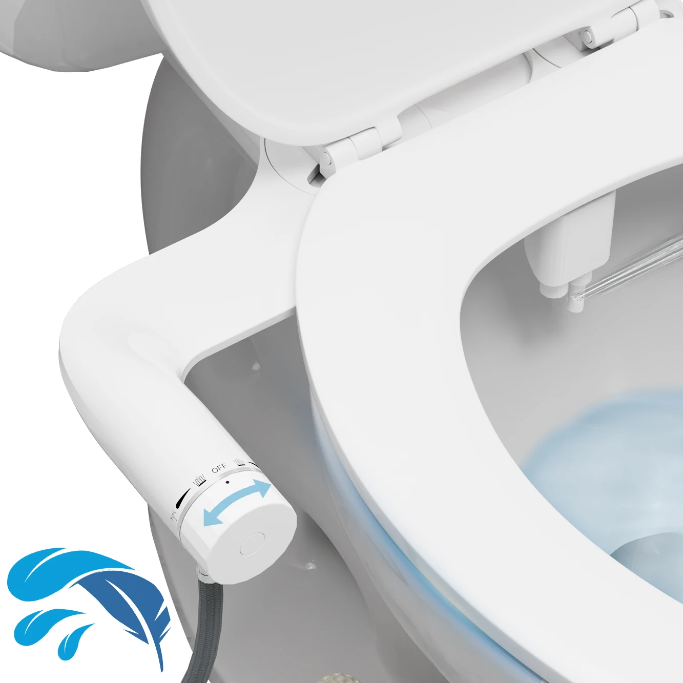 Non-Electric Cold Water Toilet Bidet Attachment with Pressure Controls, Retractable Self-Cleaning Dual Nozzles-White Handle