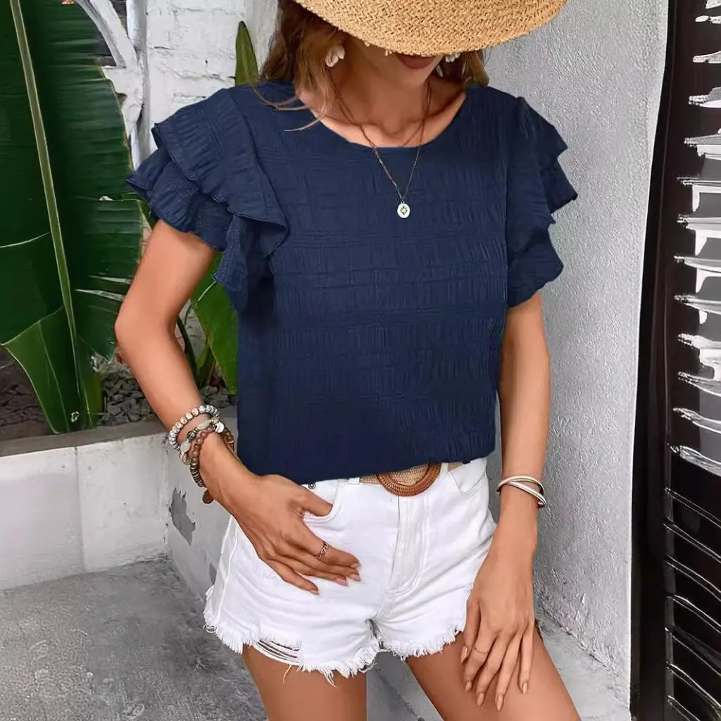 

Women's Double-layer Lotus Leaf Sleeve Crewneck Pullover T-shirt Elegant Summer New Europe And America