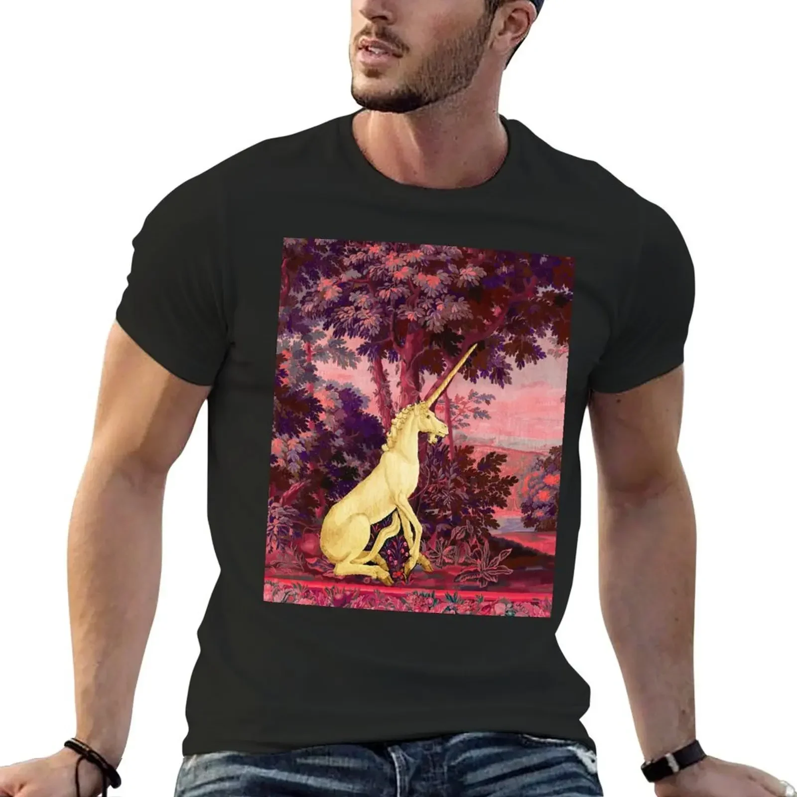 UNICORN IN WOODLAND SUNSET LANDSCAPE AMONG GREENERY AND TREES in Pink Blue Hues T-Shirt anime figures fitted t shirts for men