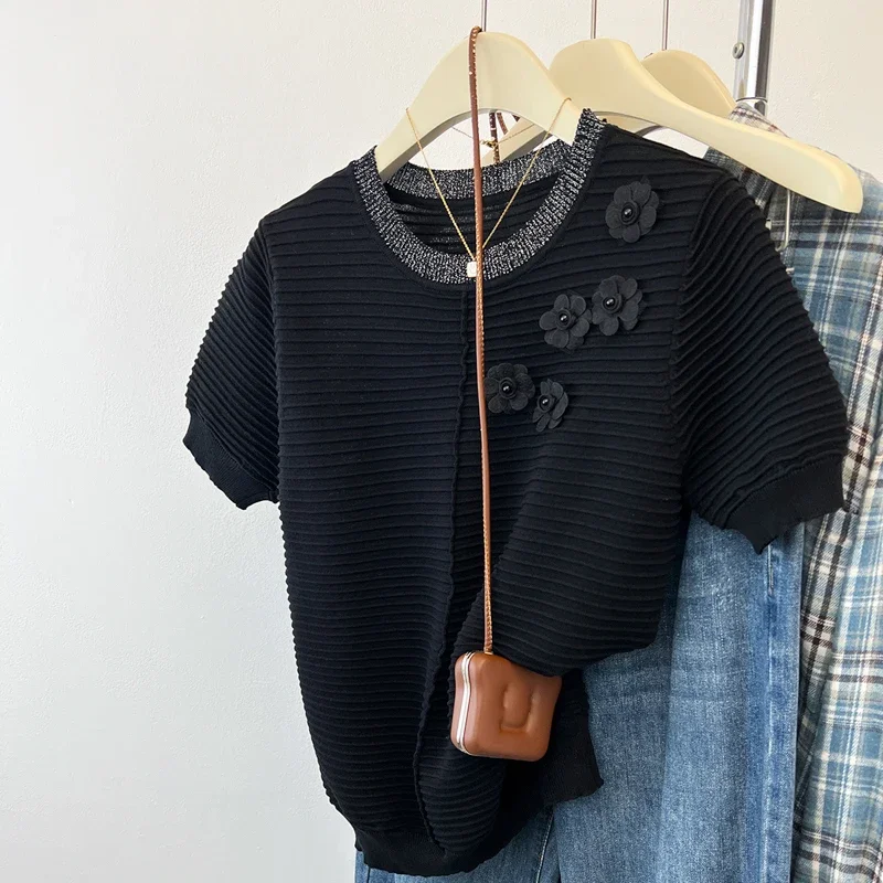 

2025 O-Neck Short Sleeve Knit Top New Summer Elegant Bead Flowers T Shirts Female Office Lady Pullovers Fashion Casual Loose Tee