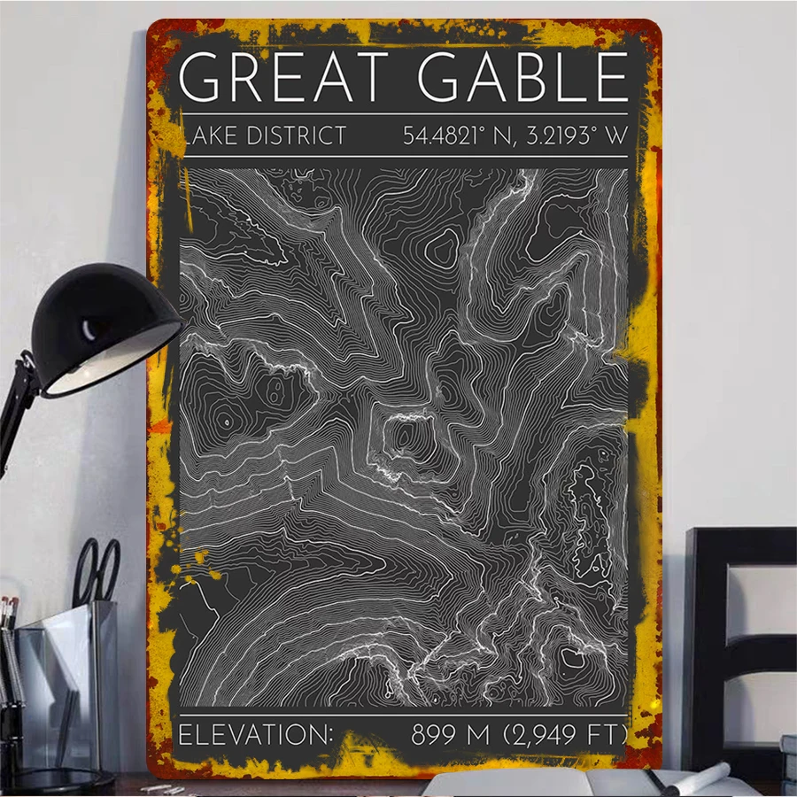 Great Gable Lake District Topographic Map Metal Wall Art 54.4821°N 3.2193°W 899m Elevation Hiking Decor