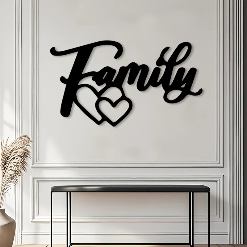 Family Hearts Metal Wall Art, Elegant Script Iron Decor, Living Room Bedroom Dining Room Ornament, Valentine Christmas Gift