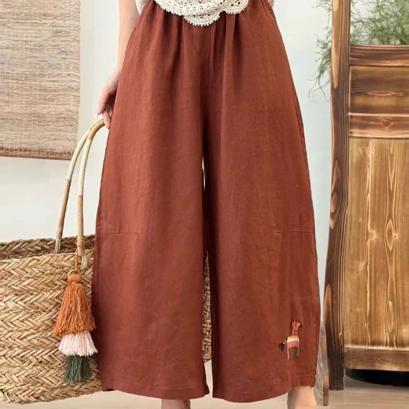 2026 Summer Women's Elastic Waist Wide Leg Pants Loose Fashion Embroidered Casual Pants Cotton and Hemp Nine Cent Pants