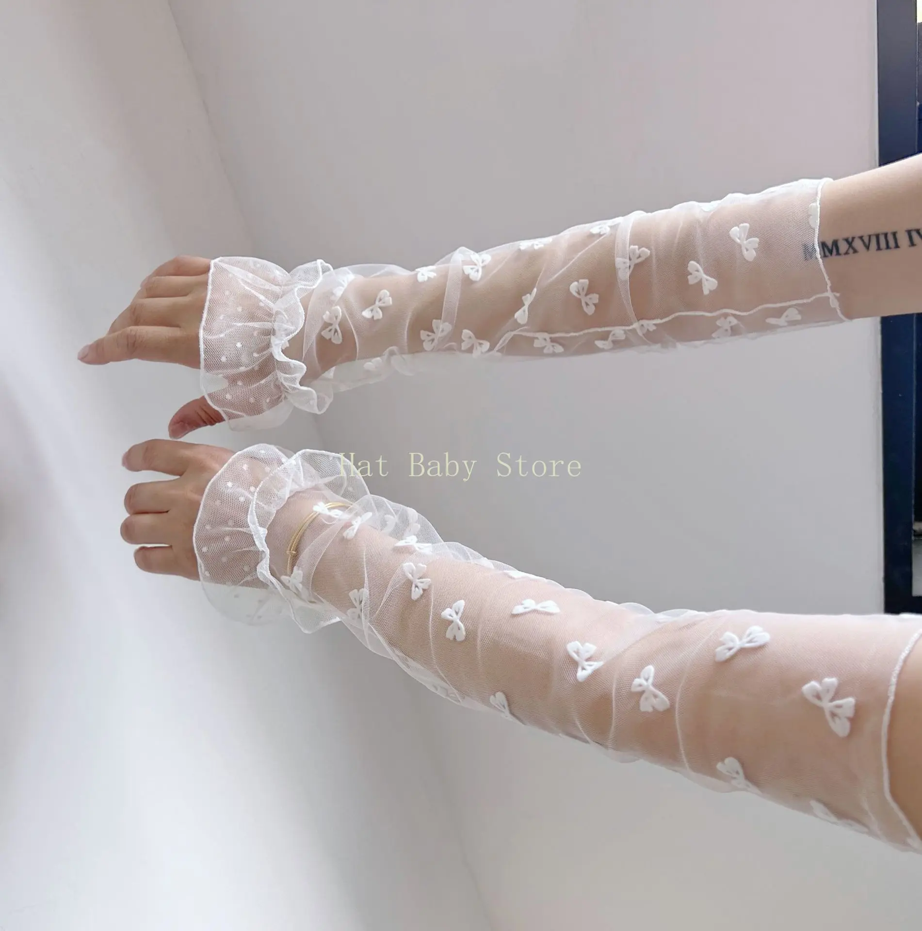 ฤดูร้อนน่ารัก Polka Dot Lolita ตาข่ายครีมกันแดดแขนนุ่มและแขนจีบ Tulle Breathable ผู้หญิงแขน