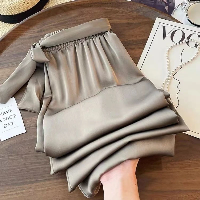 

High Waist Ice Silk Acetate Wide Leg Pants for Women Summer Loose Silk Satin long maxi Trousers Spring lace up plus size pants