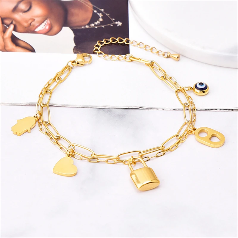 316L Stainless Steel New Fashion Fine Jewelry 2 Laye Multi-element Love Heart Lock Eye Palm Charm Thick Chain Bracelet For Women