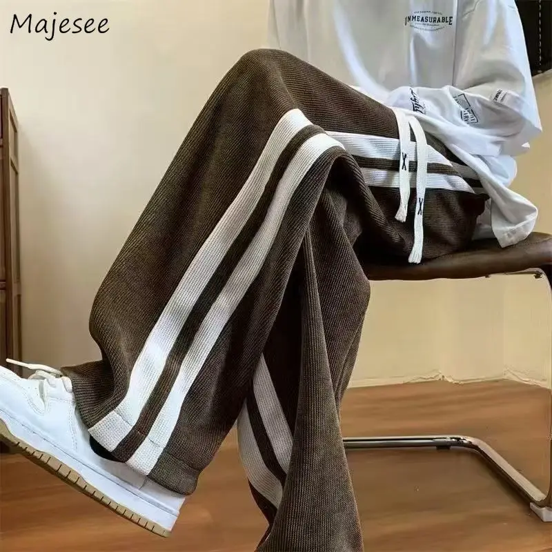 

Pants Men Casual Side-striped Vintage Corduroy Joggers Baggy American Style Handsome Cozy Straight Trousers Streetwear All-match