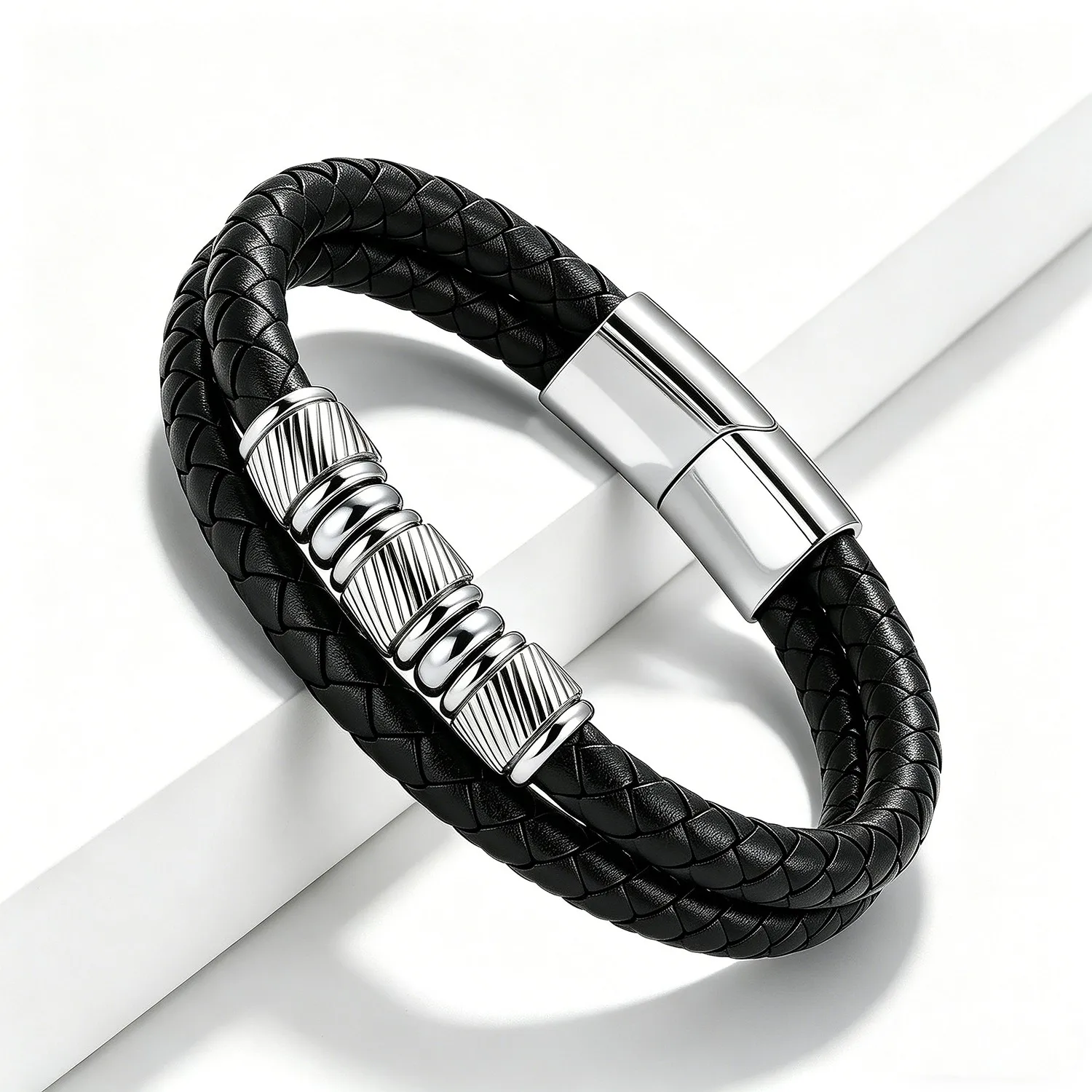 Modisches Herren-Armband aus schwarzem geflochtenem Leder, mehrlagig, stapelbar, mit Edelstahl-Magnetverschluss, Geburtstagsgeschenk – Detail 4
