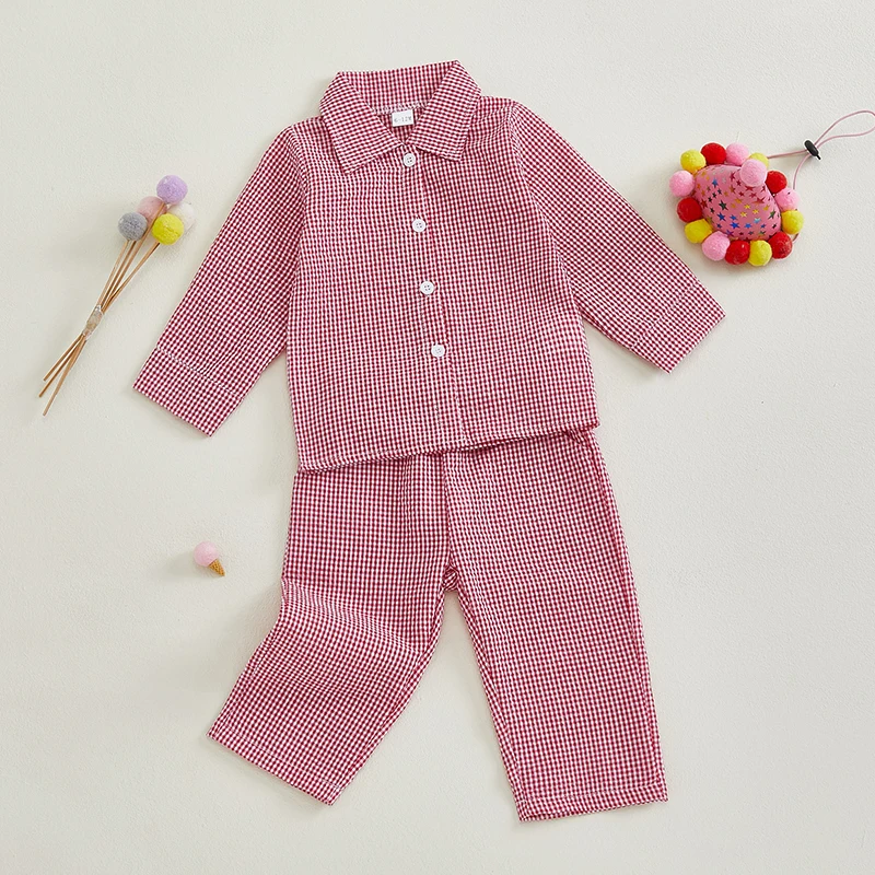 Girls Boys 2-piece Outfit Long Sleeve Shirt with Elastic Waist Pants Plaid Clothing Set