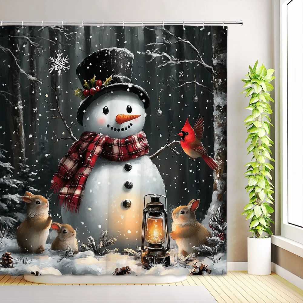 Christmas Snowman Rabbit Shower Curtain Red Bird Winter Forest Snowflake Snow Scenery Farmhouse Xmas Bathroom Decor With Hooks