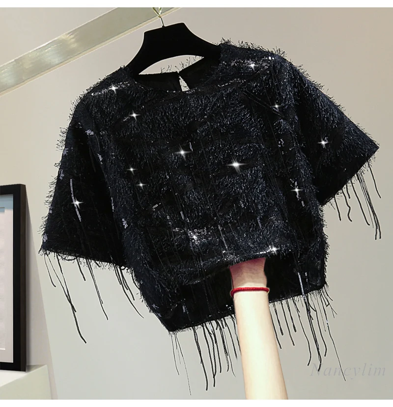 

Sequined Fringed Short-sleeved T-Shirt Women 2025 Spring and Summer Slim High-waisted Short Solid-color Embroidered Crew Neck T