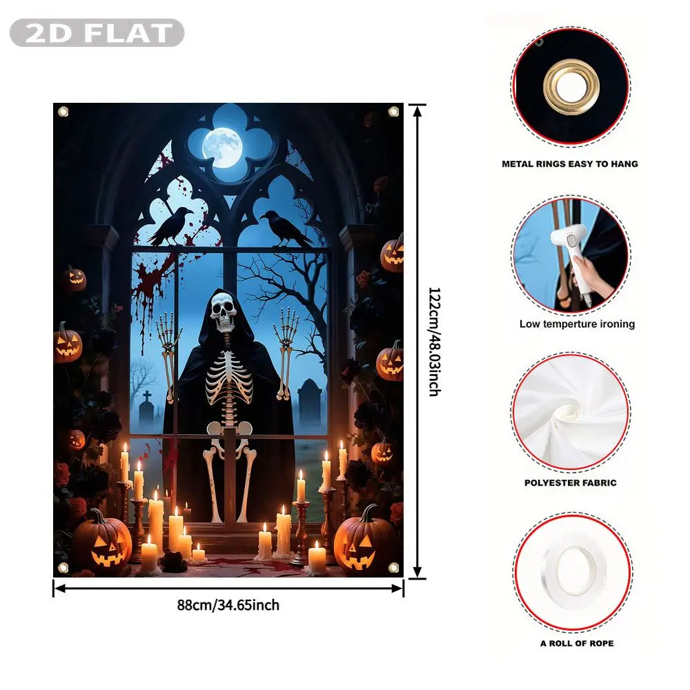 2D FLAT 1pc Party Window Cover Banner, with Skeleton In Black Hood With Candles And Pumpkins