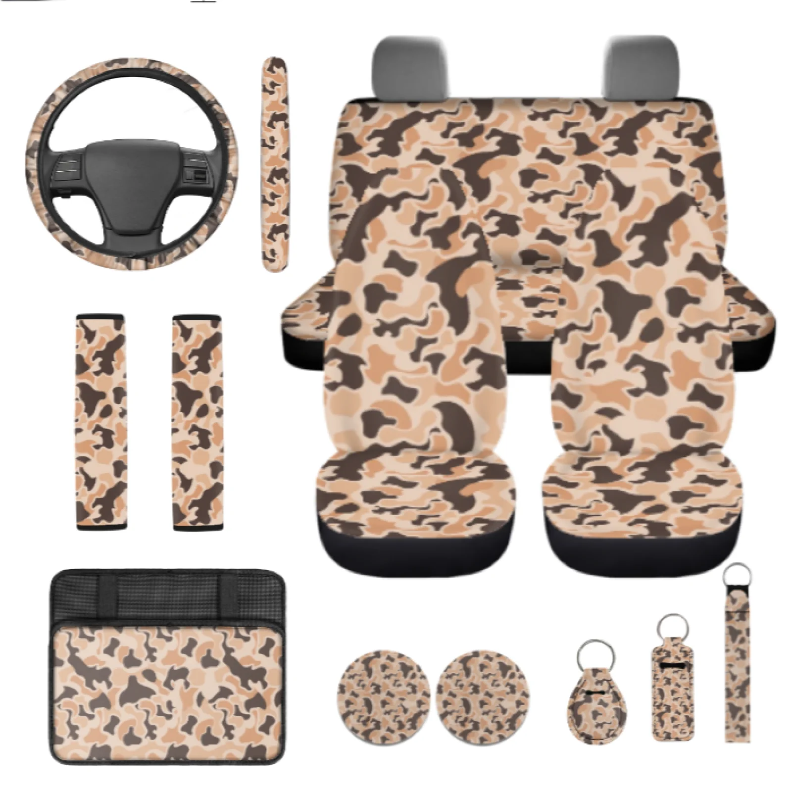 Coloranimal Desert Camouflage 13 PCS Car Seat Cover Set with Breathable Armrest Cover Pad and Car Cup Pad for Auto Interior
