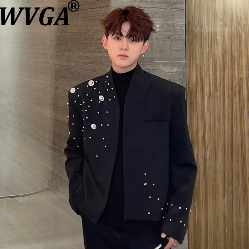 

WVGA Spring Autumn New Men Tide Collarless Short Blazer Niche Chic Casual Heavy Beading Diamond Trendy Suit Coats Ins Y2K W16426