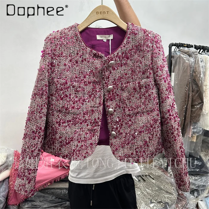 

Heavy Industry Sequined Fashion Short Coat Female Slim Versatile Commuter Style Coat Autumn New Round Neck Tweed Jacket Women