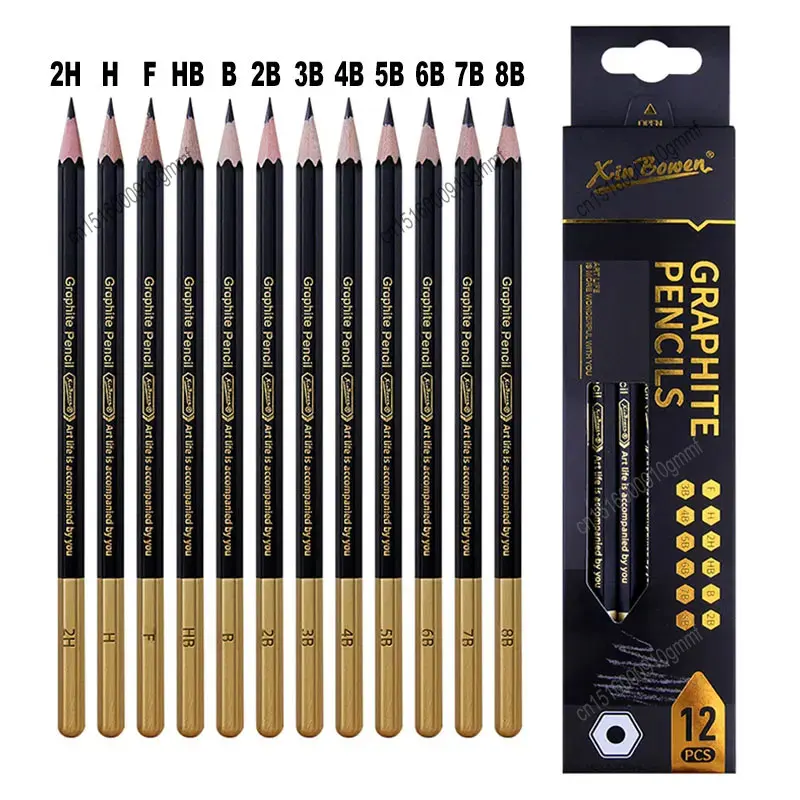 12Pcs Set 2H-8B Art Sketch Graphite Pencil 2H H F HB 2B 3B 4B 5B 6B 7B 8B Hard Medium Soft Hex Handle Artist Drawing Stationery