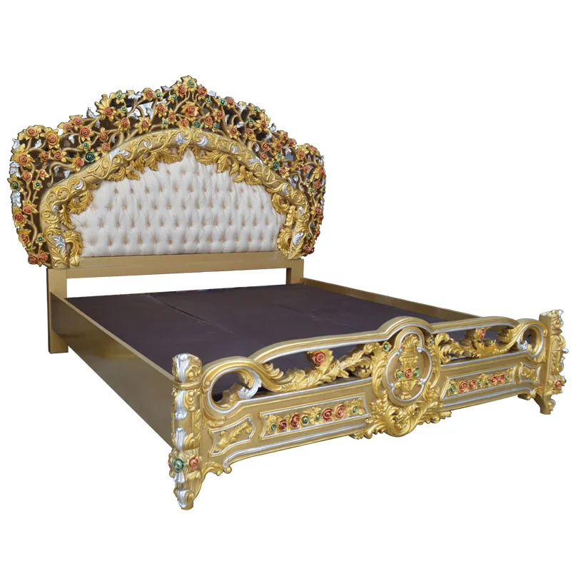 Leather bed villa palace solid wood main bed French luxury carved double bed wedding bed