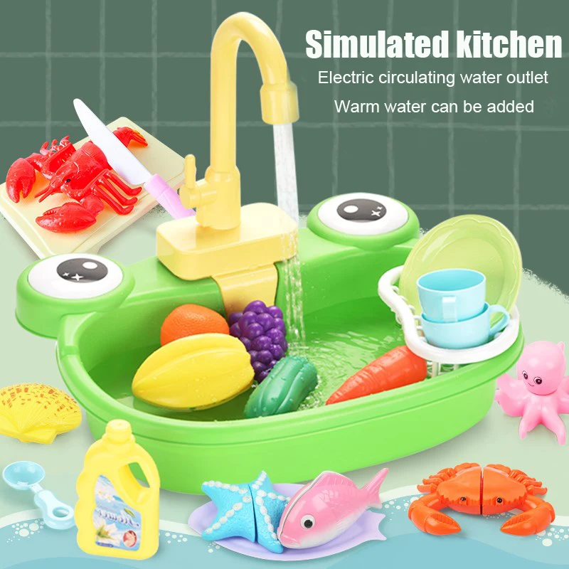 Circulating Water Simulation Kitchen Toy Set Cute Frogs Washing Toys Electric Pretend Play Children Gift Wash Fruits Vegetable