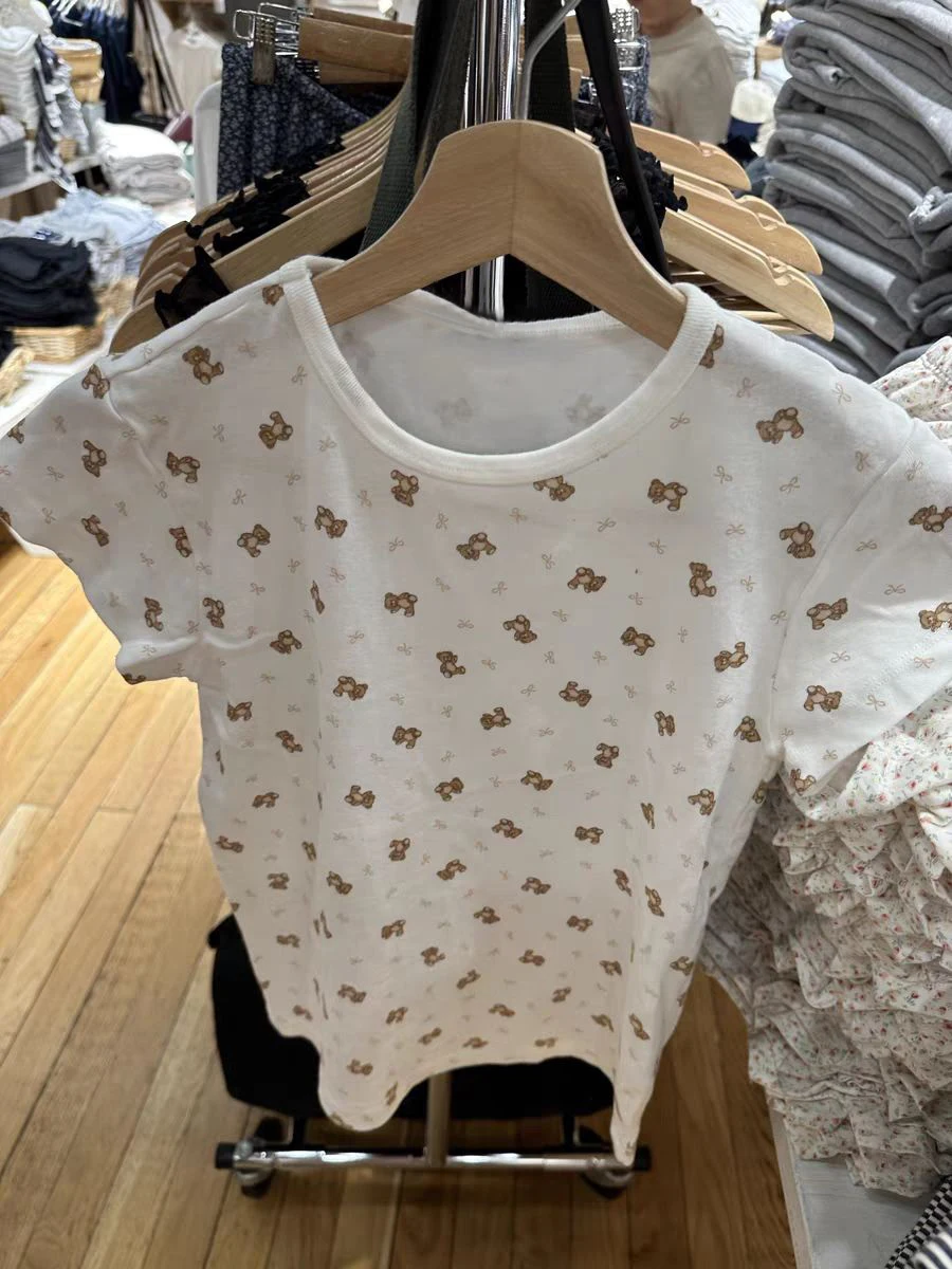 Little Bear Bow Print Slim T-shirt Woman Summer Round Neck Short Sleeve Cottton Tee Shirts Casual Sweet Cute New Tshirt Y2k Tops