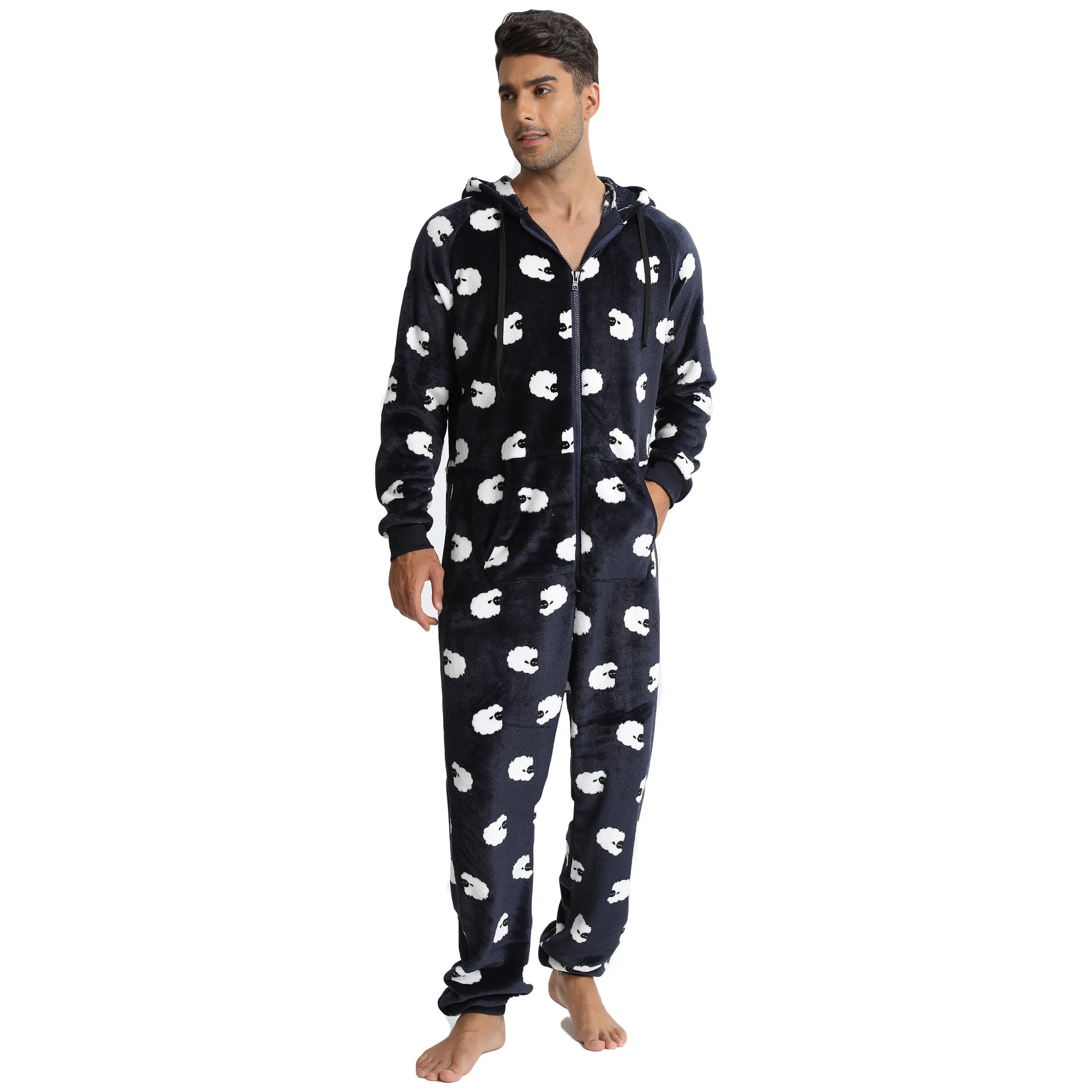 2022 Men Onesies Hooded Pajamas Sleepwear Anime Cosplay Costumes Halloween Navy Blue Skeleton Print Pijamas