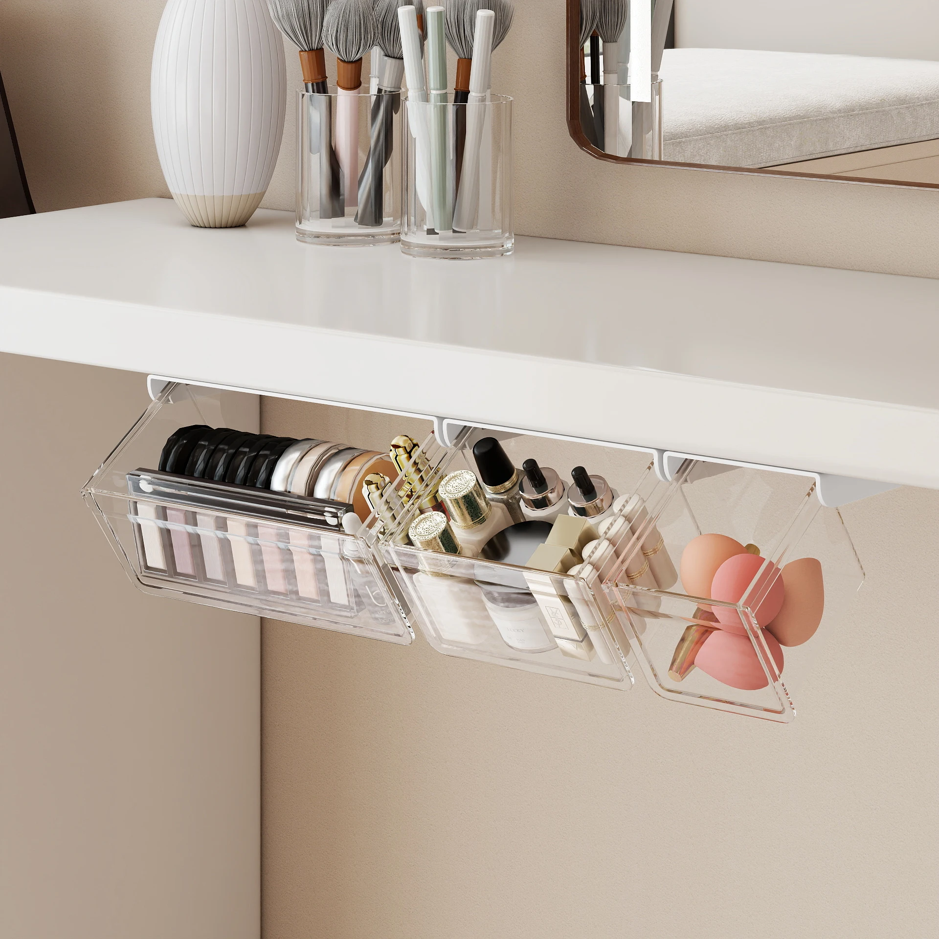 Transparent Hanging Mirror Cabinet Organizer, No Drill Bathroom Vanity Cosmetic Cotton Swabs Storage Box