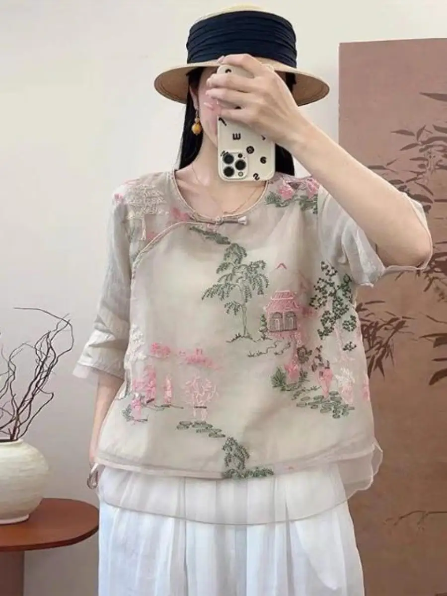 レディースレトロ刺繍入りコットンリネンシャツルーズフィット薄手サマーラウンドネックボタンアップスモールツーピースセットカジュアルウェア